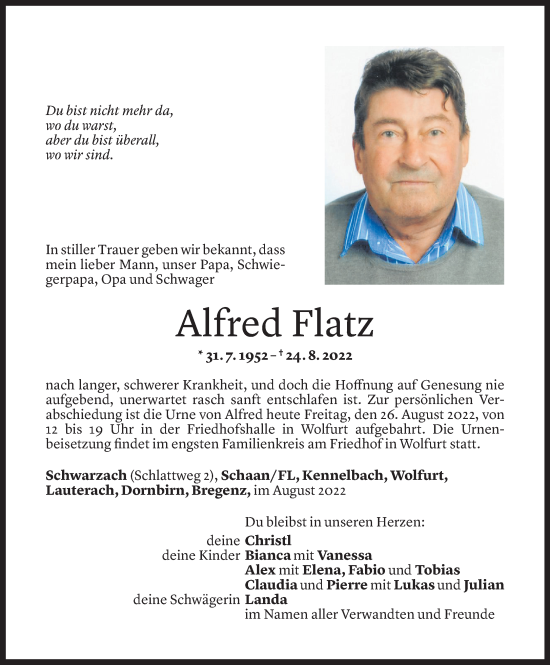 Todesanzeige von Alfred Flatz von Vorarlberger Nachrichten