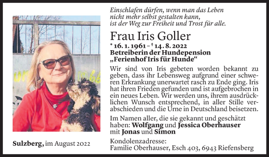 Todesanzeige von Iris Goller von Vorarlberger Nachrichten