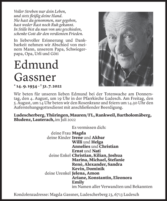 Todesanzeige von Edmund Gassner von Vorarlberger Nachrichten