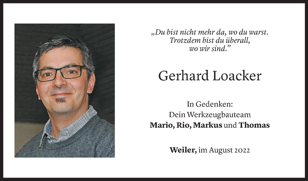  Todesanzeige für Gerhard Loacker vom 31.08.2022 aus Vorarlberger Nachrichten