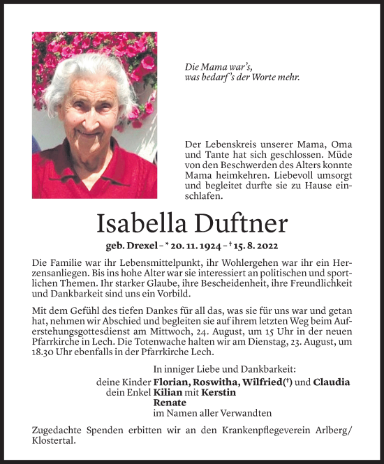 Todesanzeige von Isabella Duftner von Vorarlberger Nachrichten