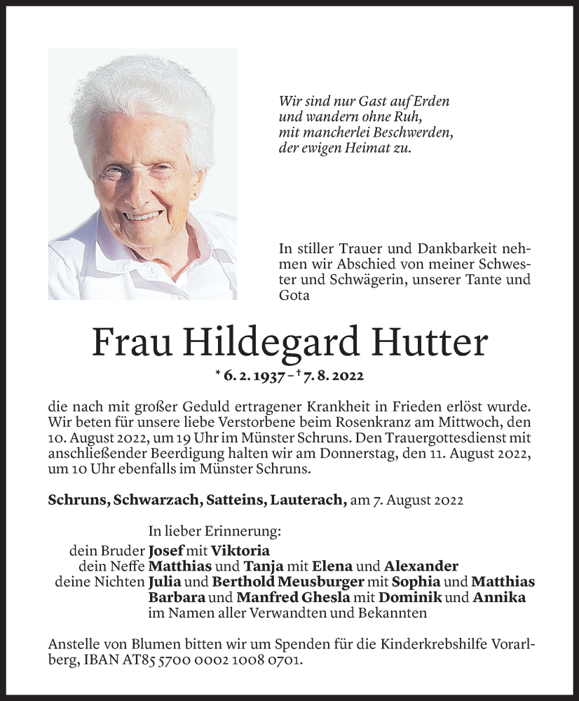  Todesanzeige für Hildegard Hutter vom 08.08.2022 aus Vorarlberger Nachrichten