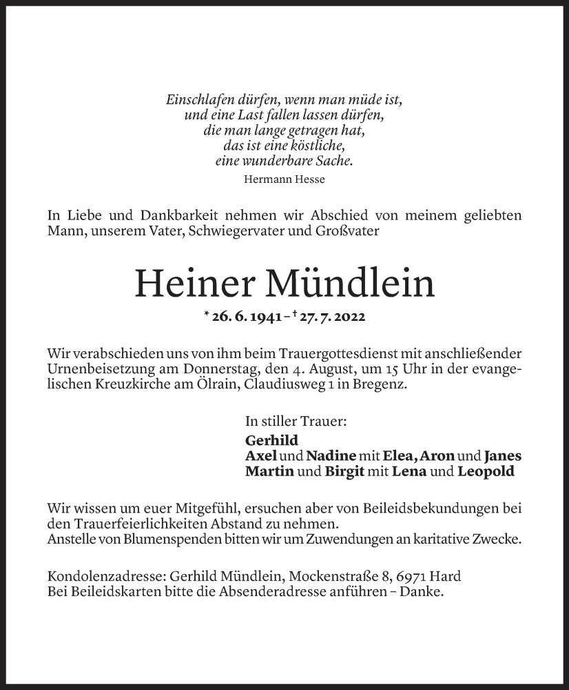  Todesanzeige für Heiner Mündlein vom 01.08.2022 aus Vorarlberger Nachrichten