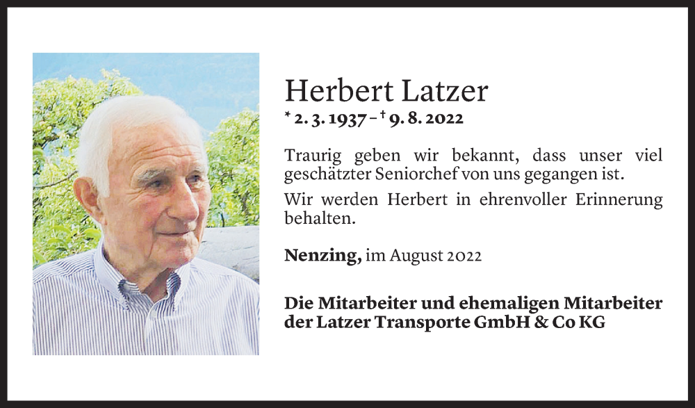  Todesanzeige für Herbert Latzer vom 10.08.2022 aus vorarlberger nachrichten
