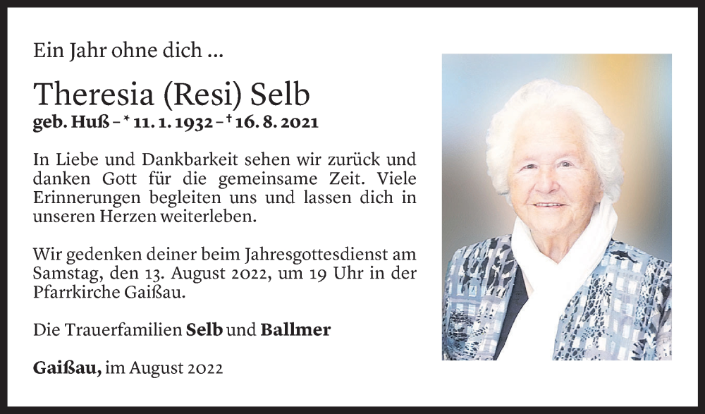 Todesanzeige für Theresia Maria Selb vom 11.08.2022 aus Vorarlberger Nachrichten