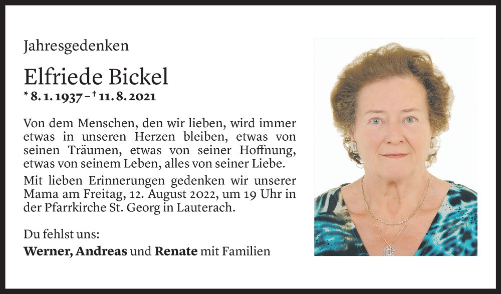  Todesanzeige für Elfriede Bickel vom 09.08.2022 aus Vorarlberger Nachrichten