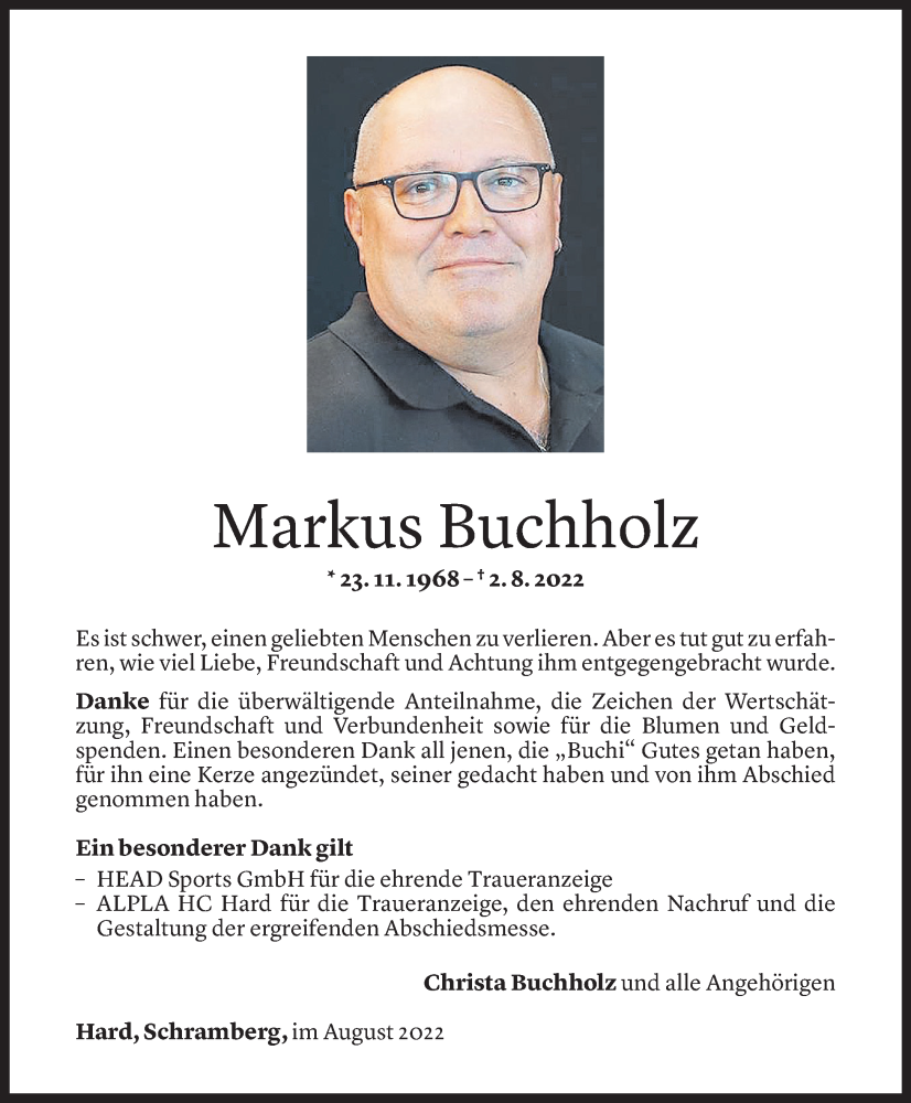 Todesanzeige für Markus Buchholz vom 26.08.2022 aus Vorarlberger Nachrichten