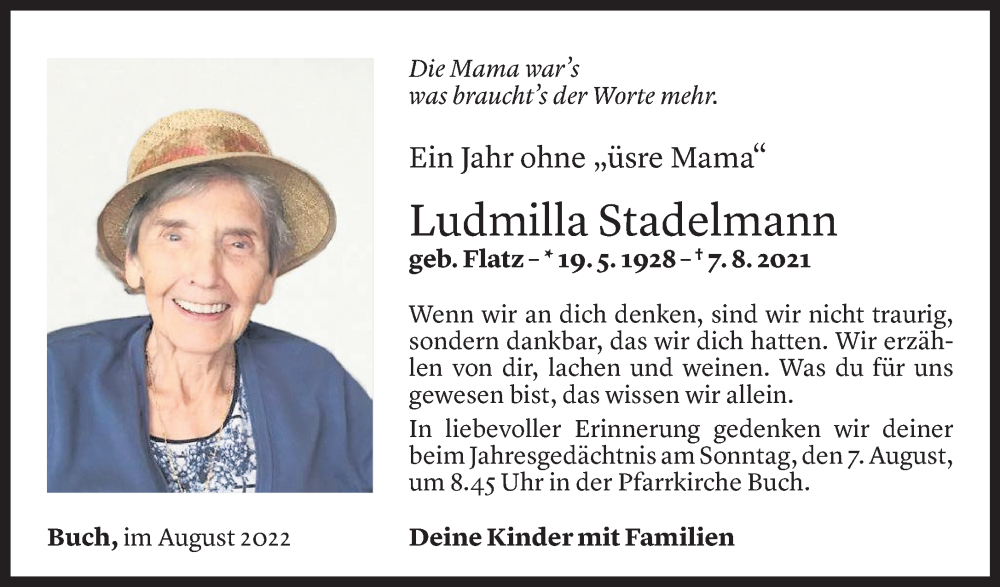  Todesanzeige für Ludmilla Stadelmann vom 05.08.2022 aus Vorarlberger Nachrichten