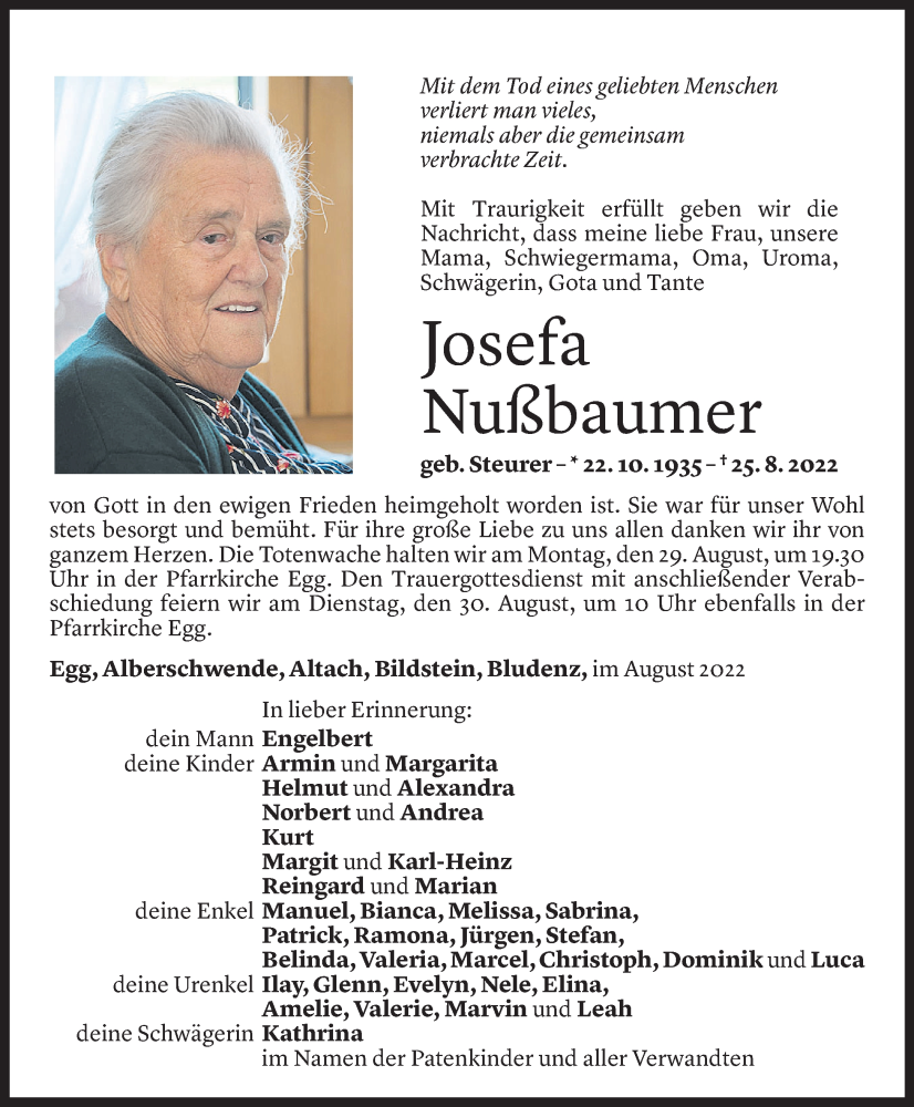  Todesanzeige für Josefa Nußbaumer vom 26.08.2022 aus Vorarlberger Nachrichten