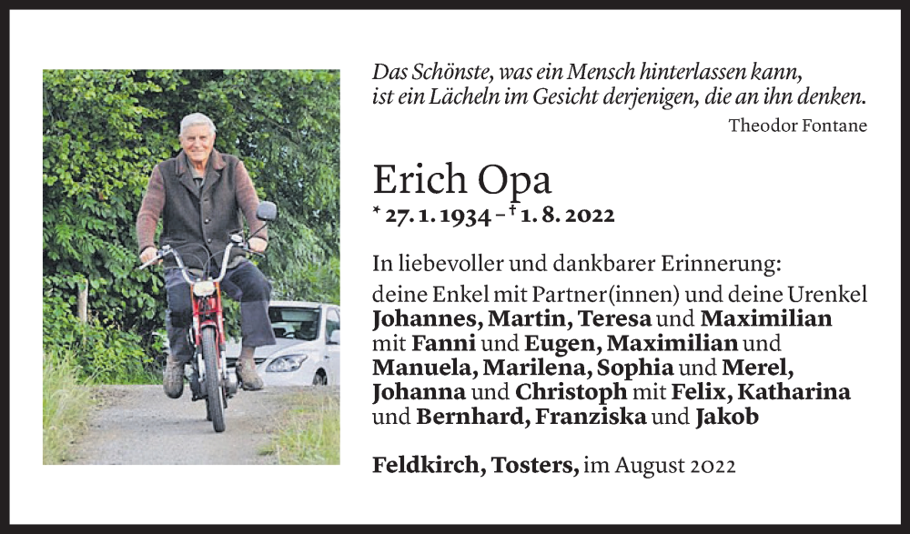  Todesanzeige für Erich Walser vom 09.08.2022 aus Vorarlberger Nachrichten