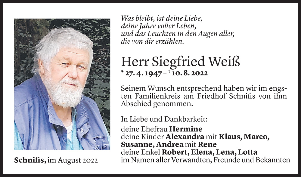  Todesanzeige für Siegfried Weiß vom 18.08.2022 aus Vorarlberger Nachrichten