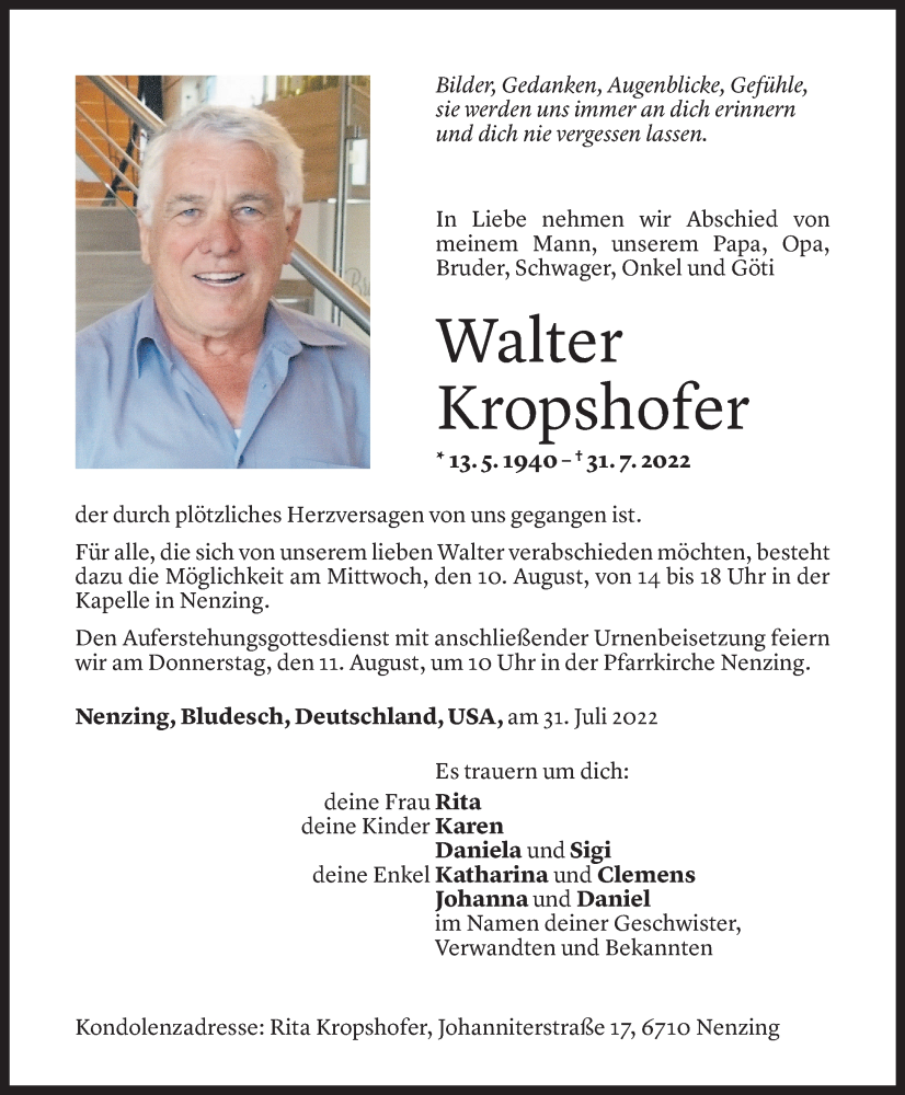  Todesanzeige für Walter Kropshofer vom 07.08.2022 aus Vorarlberger Nachrichten