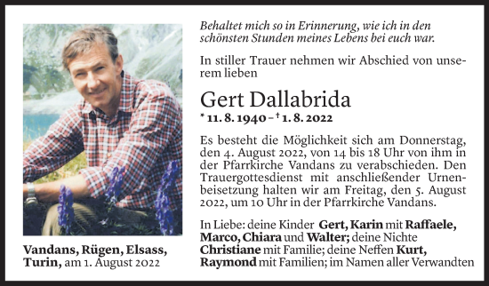 Todesanzeige von Gert Dallabrida von Vorarlberger Nachrichten