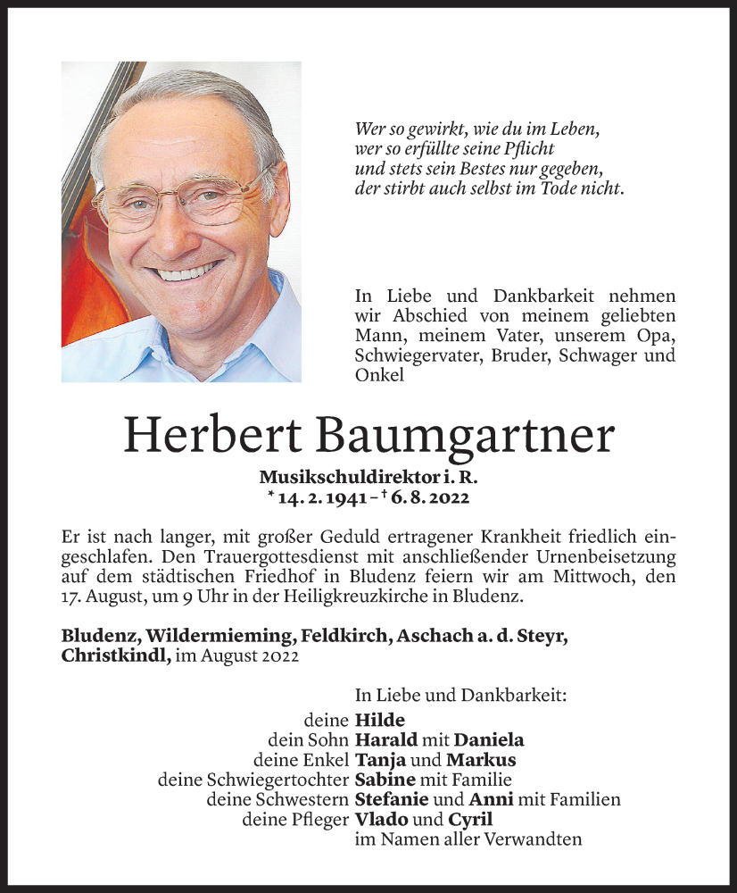  Todesanzeige für Herbert Baumgartner vom 13.08.2022 aus Vorarlberger Nachrichten