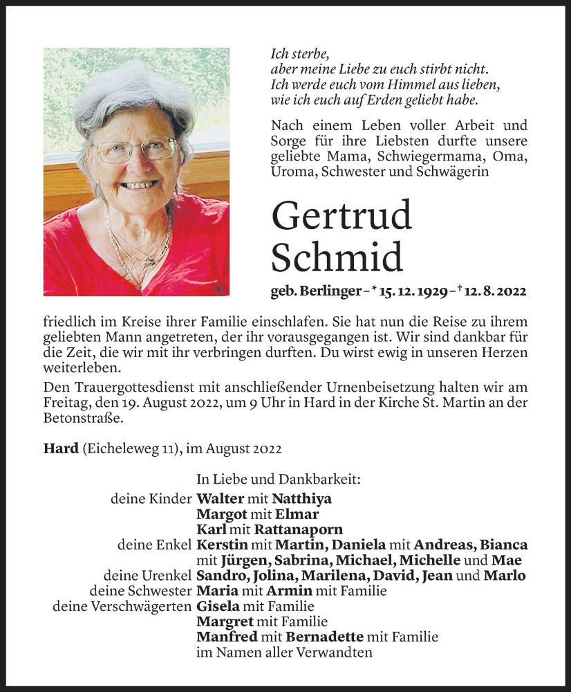  Todesanzeige für Gertrud Schmid vom 17.08.2022 aus Vorarlberger Nachrichten