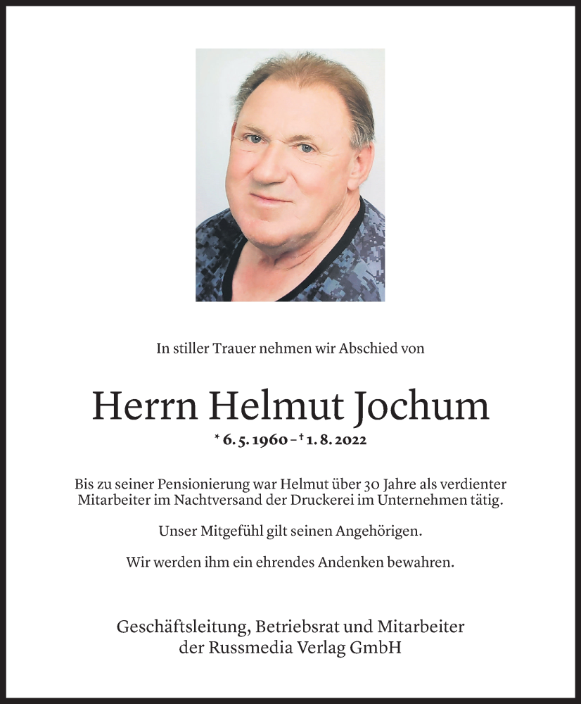  Todesanzeige für Helmut Jochum vom 05.08.2022 aus Vorarlberger Nachrichten