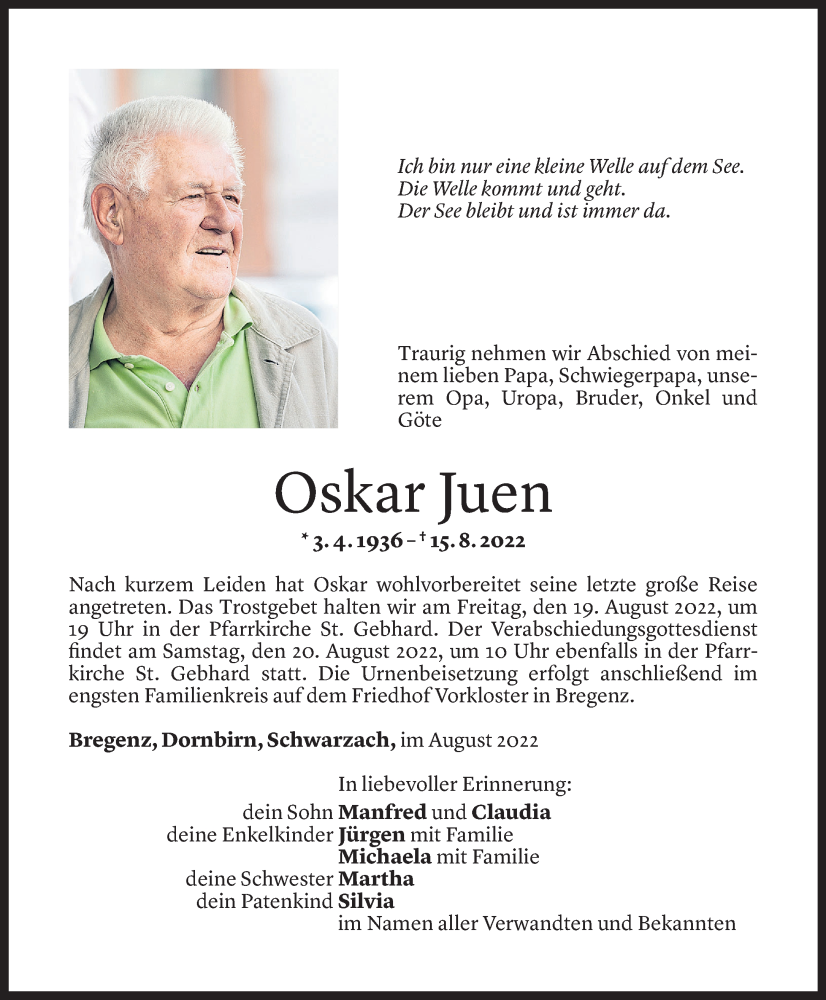  Todesanzeige für Oskar Juen vom 17.08.2022 aus Vorarlberger Nachrichten