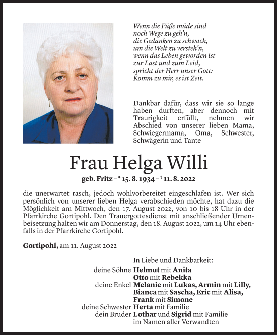 Todesanzeige von Helga Willi von Vorarlberger Nachrichten