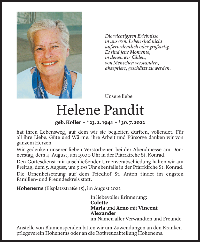  Todesanzeige für Helene Pandit vom 02.08.2022 aus Vorarlberger Nachrichten