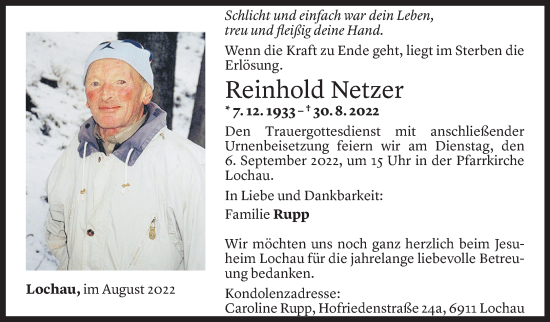 Todesanzeige von Reinhold Netzer von Vorarlberger Nachrichten
