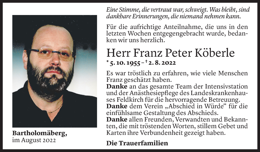  Todesanzeige für Franz Peter Köberle vom 26.08.2022 aus Vorarlberger Nachrichten