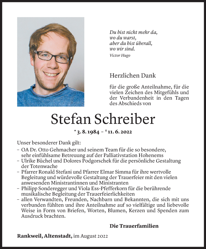  Todesanzeige für Stefan Schreiber vom 06.08.2022 aus Vorarlberger Nachrichten