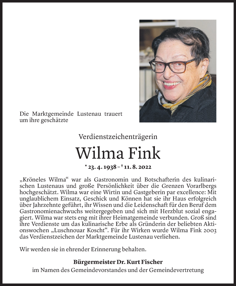  Todesanzeige für Wilma Fink vom 17.08.2022 aus Vorarlberger Nachrichten