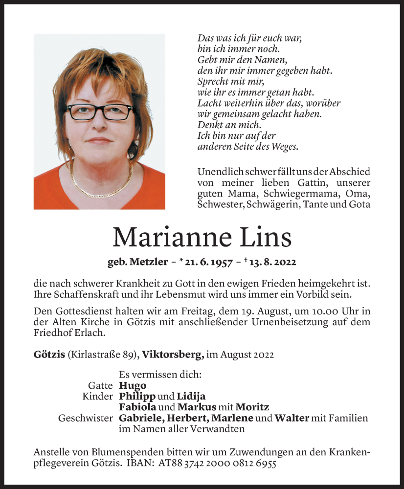  Todesanzeige für Marianne Lins vom 17.08.2022 aus Vorarlberger Nachrichten