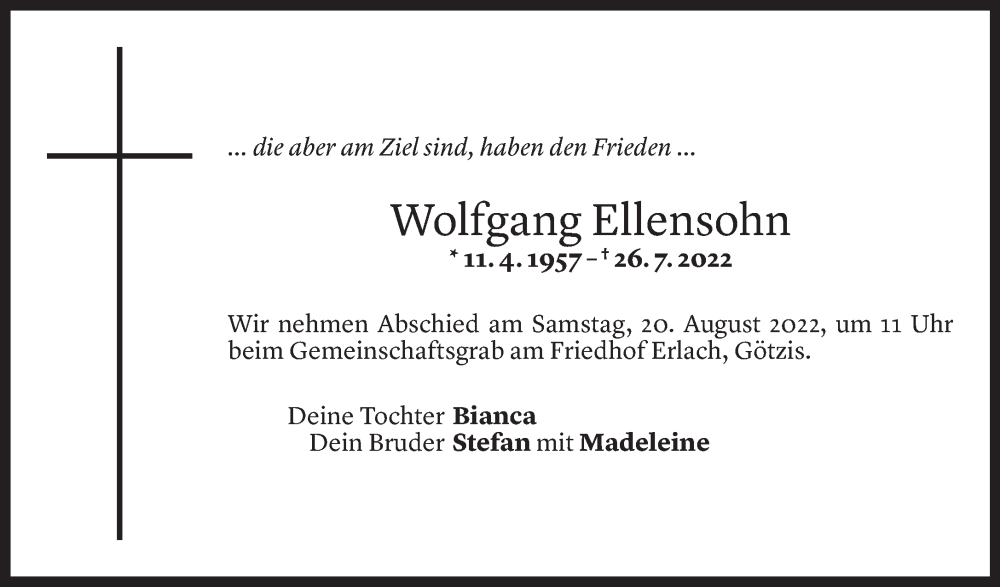  Todesanzeige für Wolfgang Ellensohn vom 05.08.2022 aus Vorarlberger Nachrichten