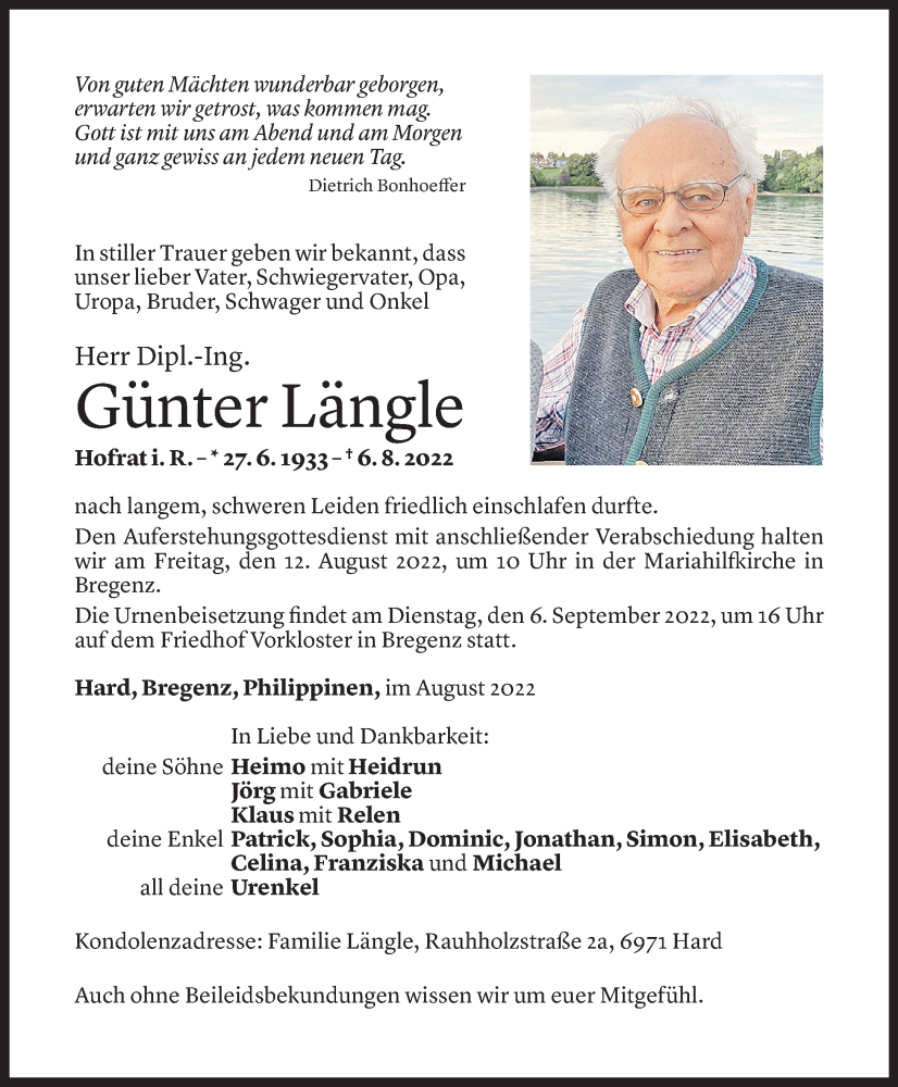  Todesanzeige für Günter Längle vom 09.08.2022 aus vorarlberger nachrichten