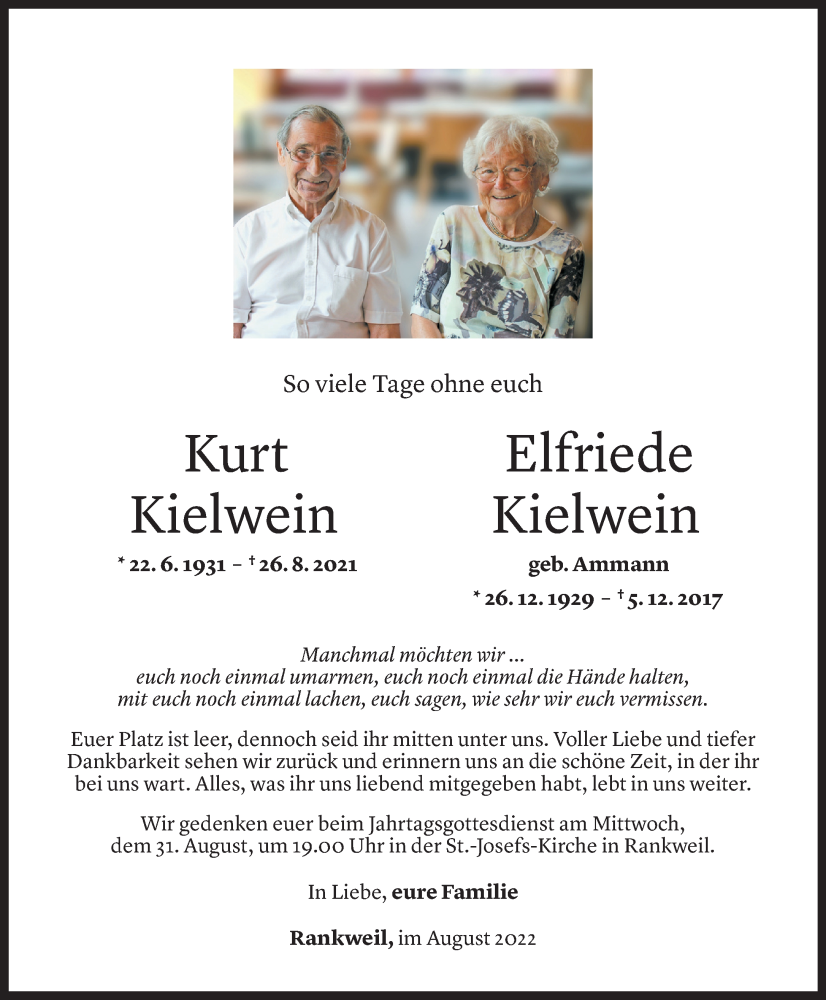  Todesanzeige für Elfriede Kielwein vom 26.08.2022 aus Vorarlberger Nachrichten