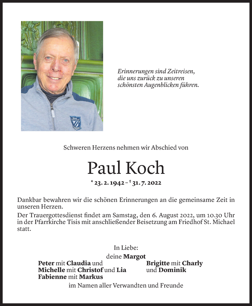  Todesanzeige für Paul Koch vom 03.08.2022 aus Vorarlberger Nachrichten