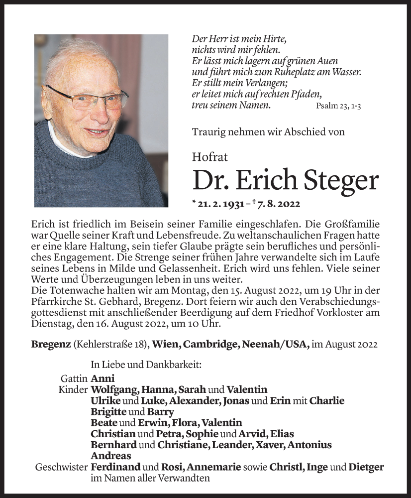  Todesanzeige für Erich Steger vom 10.08.2022 aus Vorarlberger Nachrichten