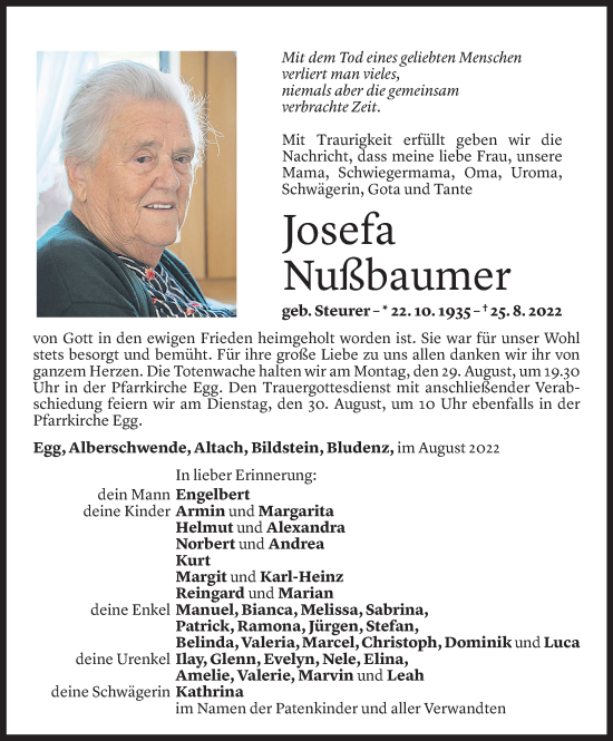 Todesanzeige von Josefa Nußbaumer von Vorarlberger Nachrichten
