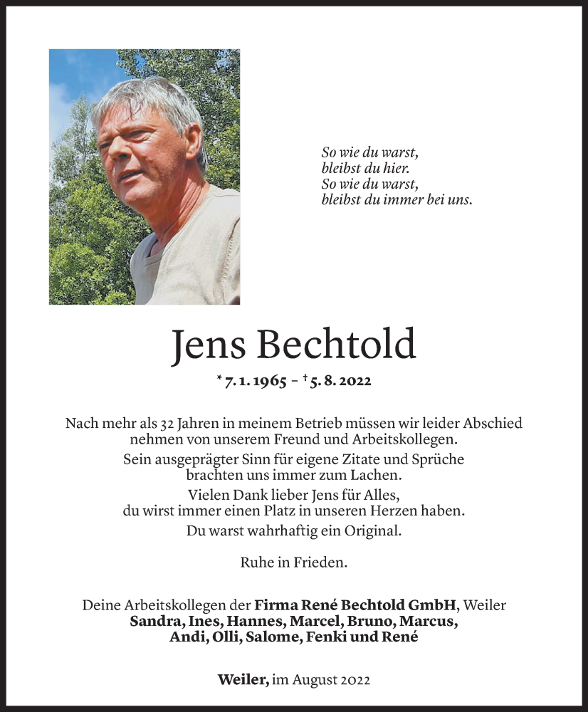 Todesanzeige für Jens Bechtold vom 09.08.2022 aus Vorarlberger Nachrichten