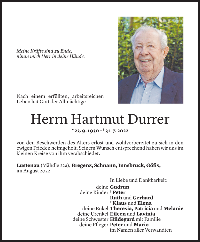  Todesanzeige für Hartmut Durrer vom 06.08.2022 aus Vorarlberger Nachrichten
