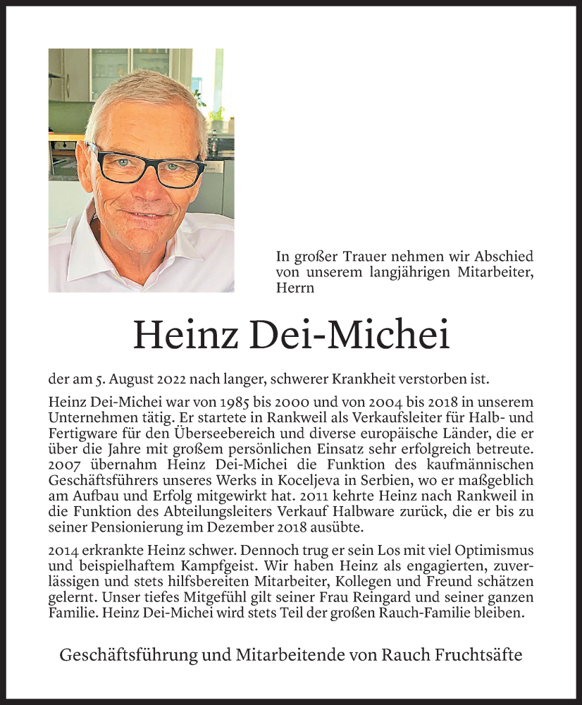  Todesanzeige für Heinz Dei-Michei vom 11.08.2022 aus vorarlberger nachrichten