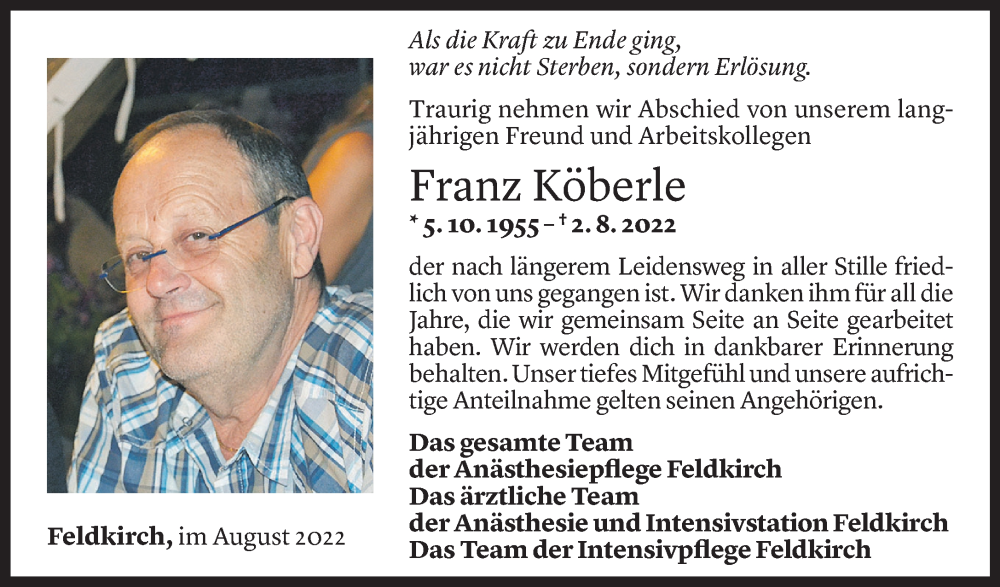  Todesanzeige für Franz Peter Köberle vom 06.08.2022 aus Vorarlberger Nachrichten