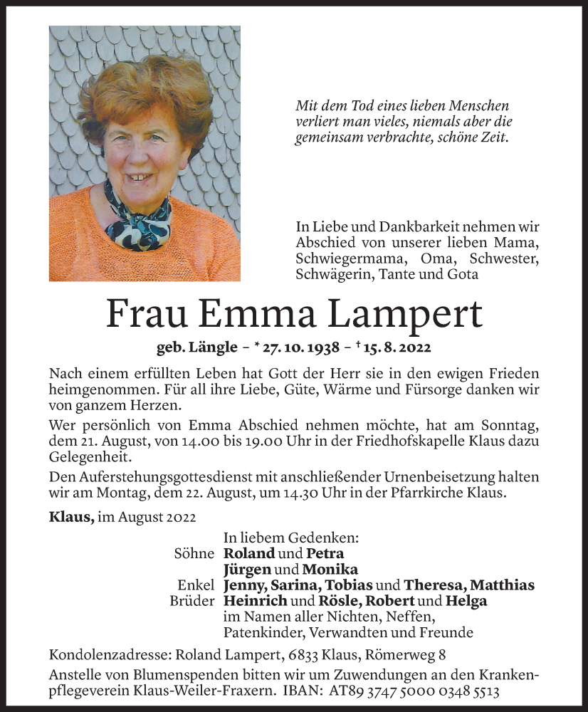  Todesanzeige für Emma Lampert vom 19.08.2022 aus Vorarlberger Nachrichten
