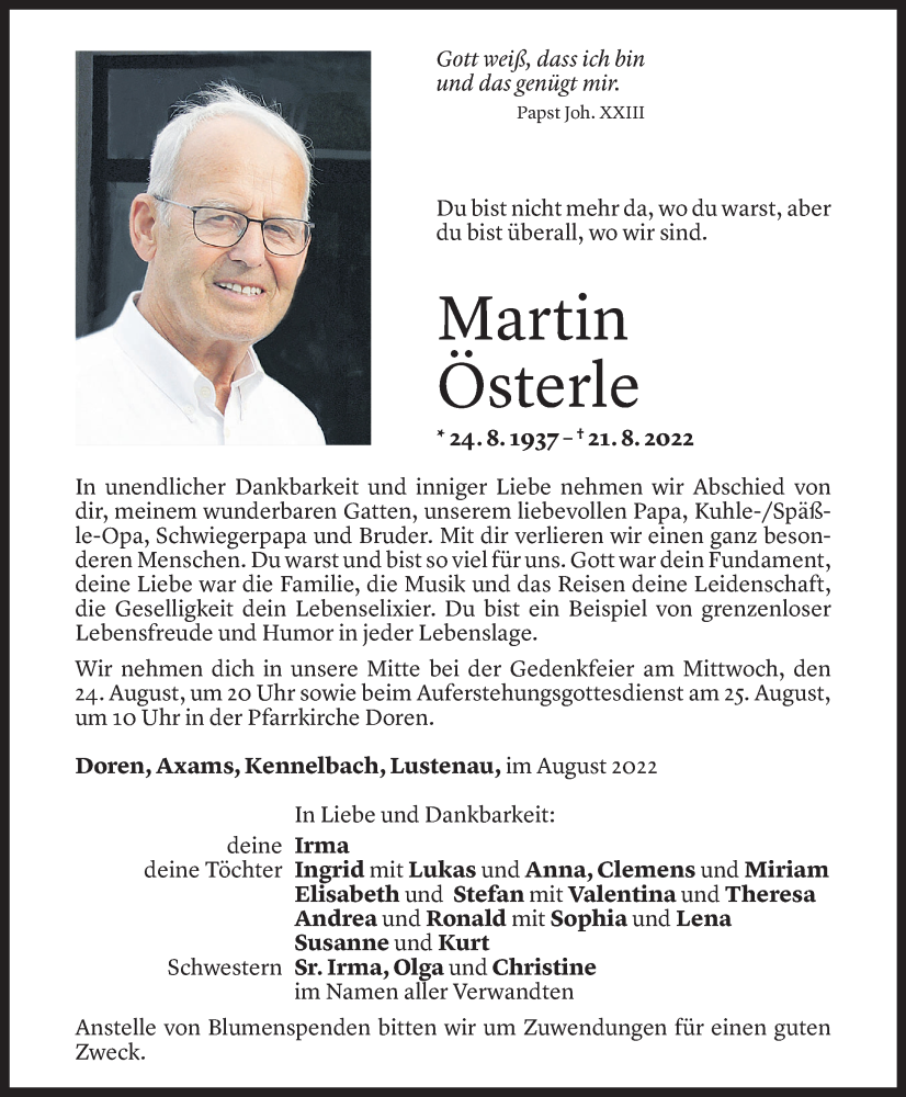  Todesanzeige für Martin Österle vom 23.08.2022 aus Vorarlberger Nachrichten