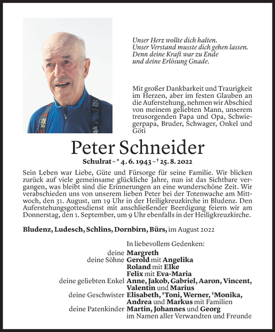 Todesanzeige von Peter Schneider von Vorarlberger Nachrichten