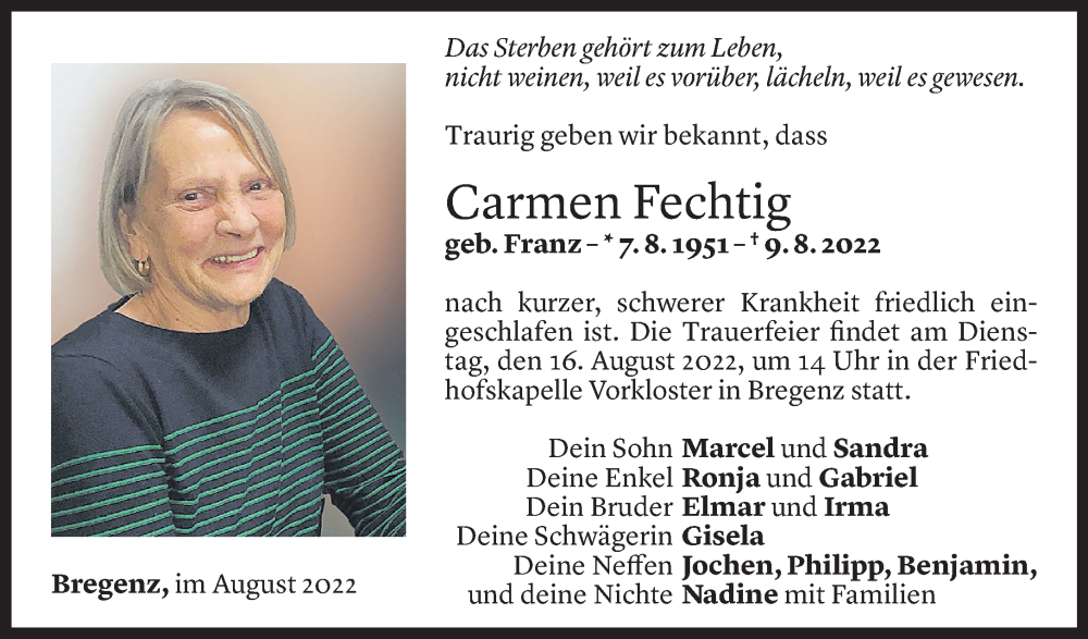 Todesanzeige für Carmen Fechtig vom 12.08.2022 aus Vorarlberger Nachrichten