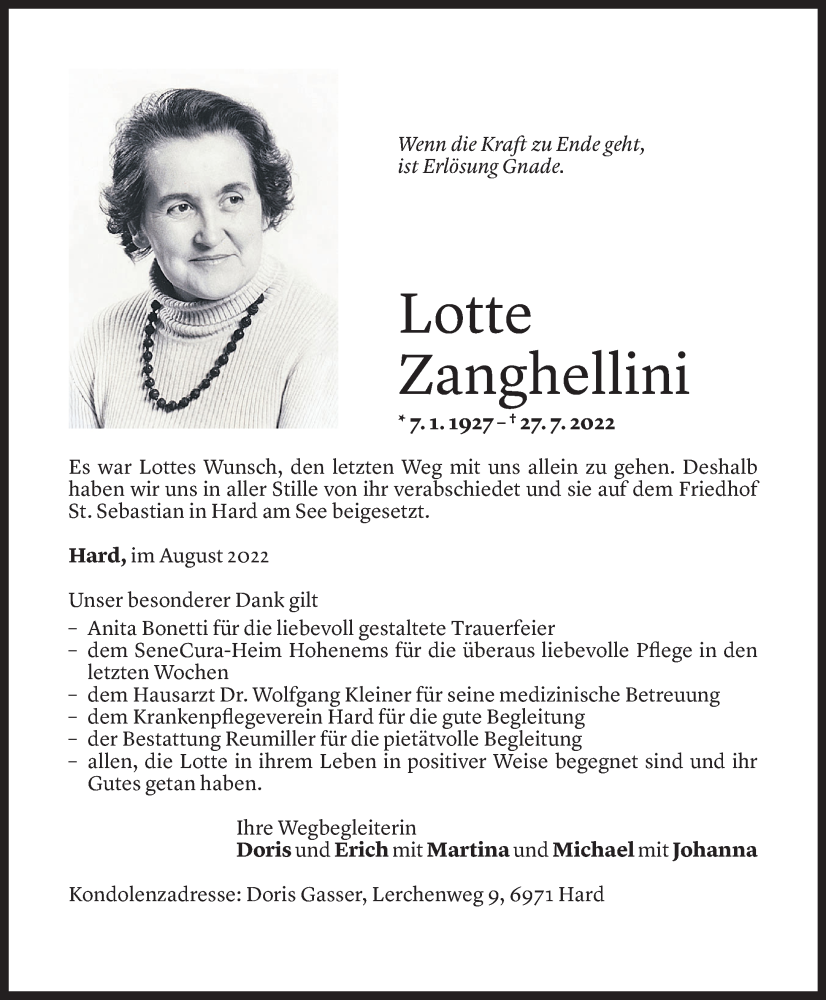  Todesanzeige für Lotte Zanghellini vom 06.08.2022 aus Vorarlberger Nachrichten