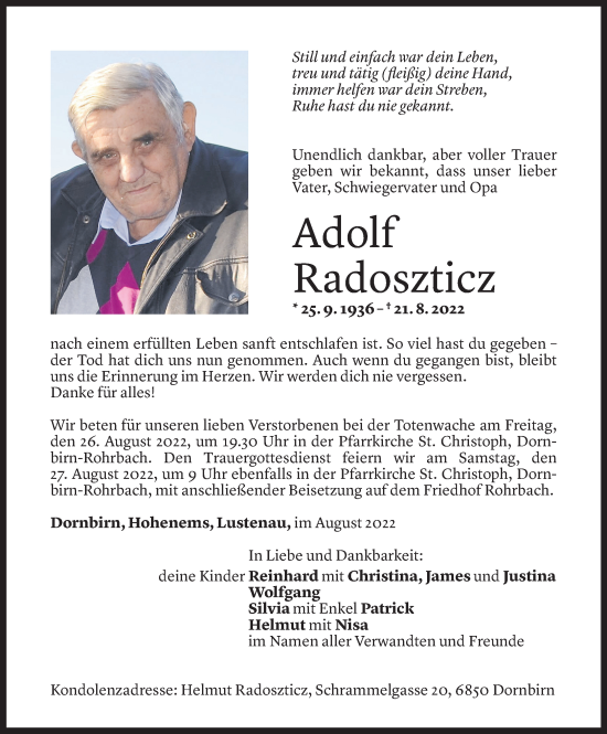 Todesanzeige von Adolf Radoszticz von Vorarlberger Nachrichten