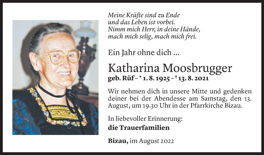  Todesanzeige für Katharina Moosbrugger vom 12.08.2022 aus Vorarlberger Nachrichten