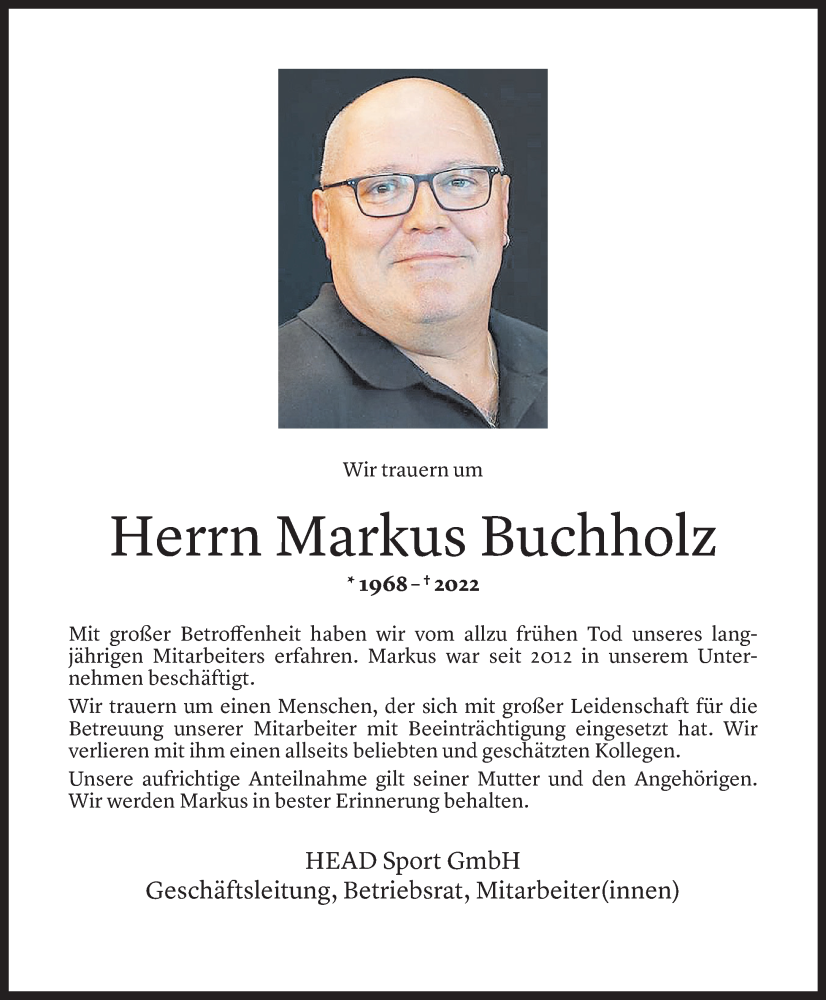  Todesanzeige für Markus Buchholz vom 08.08.2022 aus Vorarlberger Nachrichten