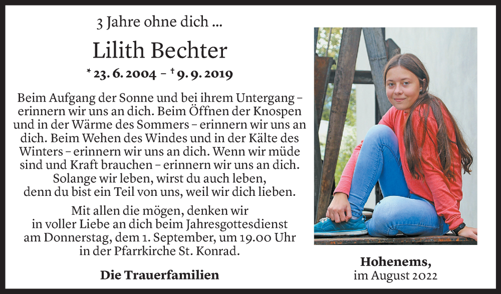  Todesanzeige für Lilith Bechter vom 29.08.2022 aus Vorarlberger Nachrichten