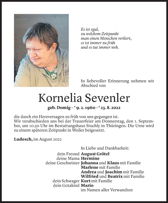 Todesanzeige von Kornelia Sevenler von Vorarlberger Nachrichten