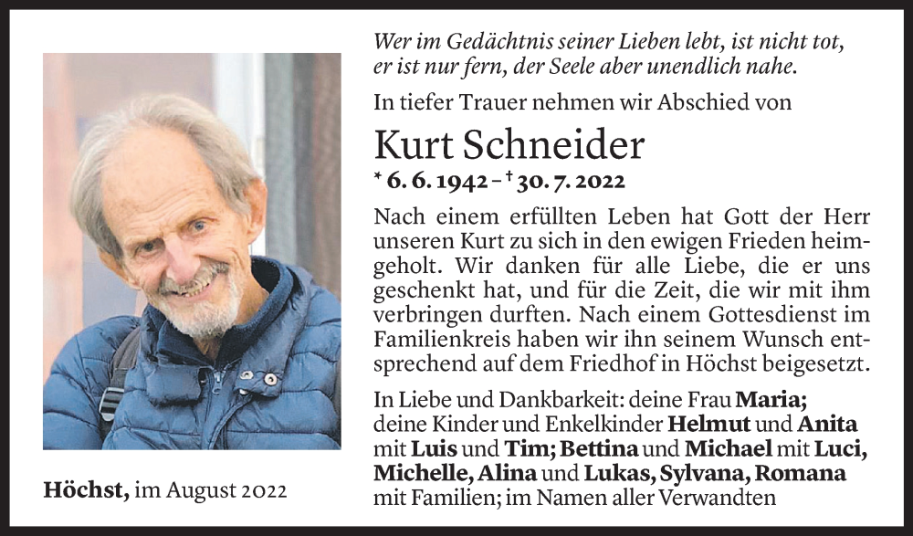  Todesanzeige für Kurt Schneider vom 13.08.2022 aus Vorarlberger Nachrichten