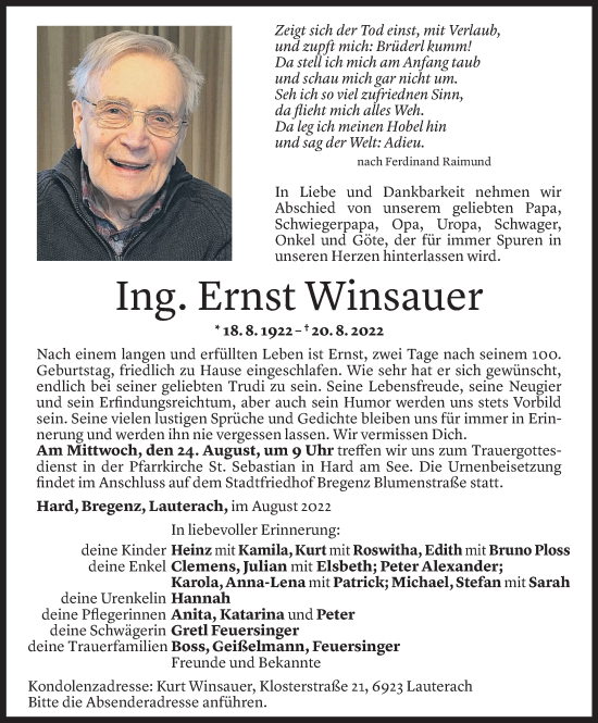 Todesanzeige von Ernst Winsauer von Vorarlberger Nachrichten